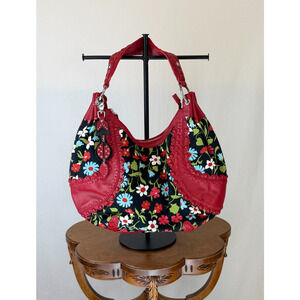 Isabella Fiore Shoulder Bag Red Leather / Black w/ Floral Fabric #0288 GORGEOUS